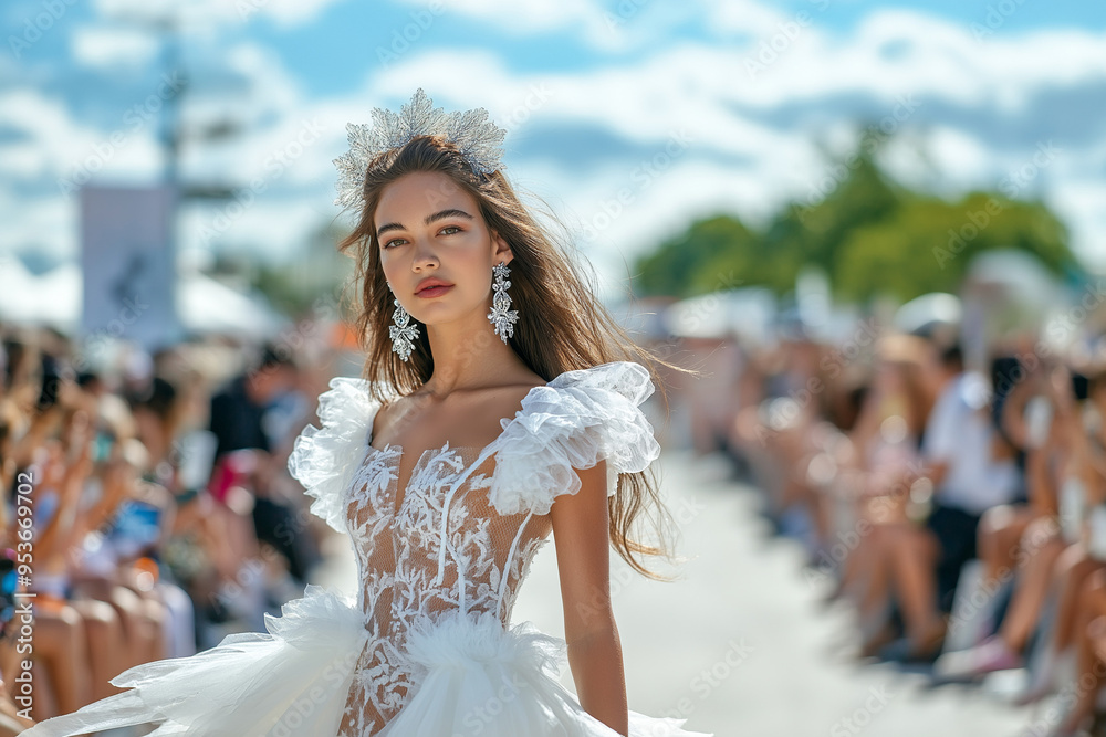 Attractive top model girl in the fashion week runway outdoor wearing white dress. Attractive top model girl in the fashion week runway outdoor wearing white dress.