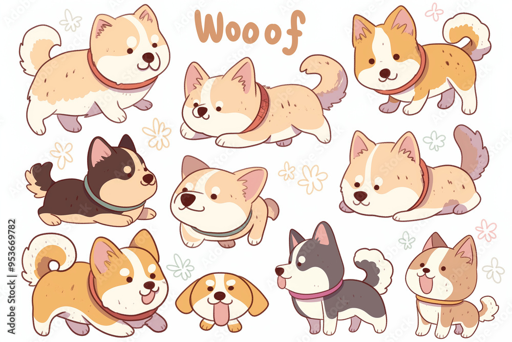 A set of cute cartoon dogs for an adorable atmosphere. Clip art or stickers. Vector illustration A set of cute cartoon dogs for an adorable atmosphere. Clip art or stickers. Vector illustration