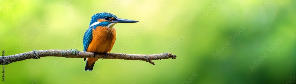 A bright blue and orange kingfisher perches on a branch with a green, blurred background. A bright blue and orange kingfisher perches on a branch with a green, blurred background.