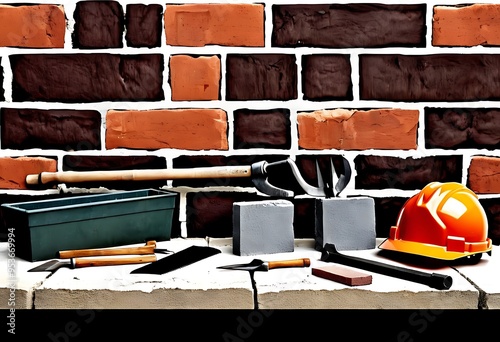 Safety Helmets and Tools on a Workbench with Brick Wall Background for Construction Projects photo