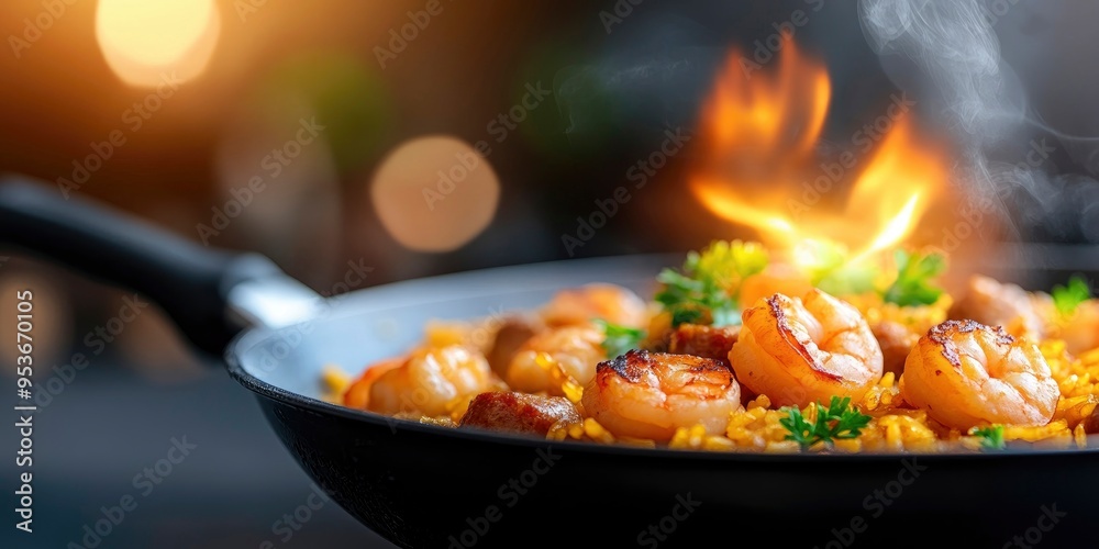paella with shrimp and sausage in the pan on fire with blur background paella with shrimp and sausage in the pan on fire with blur background