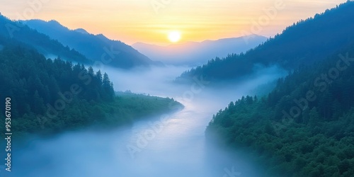 High angle view of a misty river in the valley between forested hills at dawn