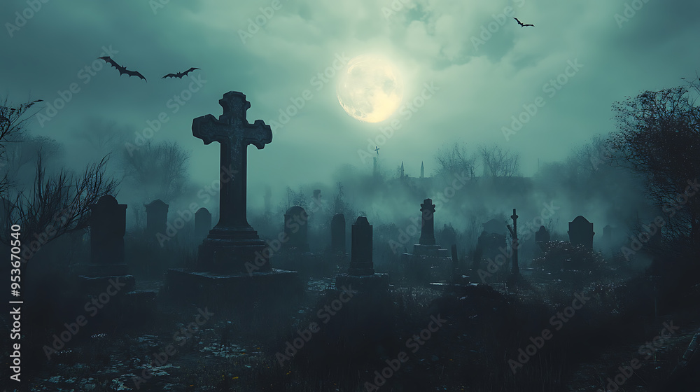A graveyard with a large cross and a full moon in the background A graveyard with a large cross and a full moon in the background