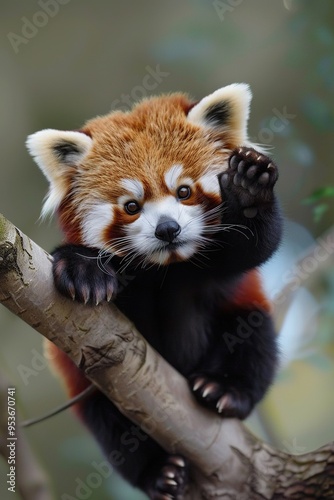 A red panda cub sits on a branch, waving with its paw.