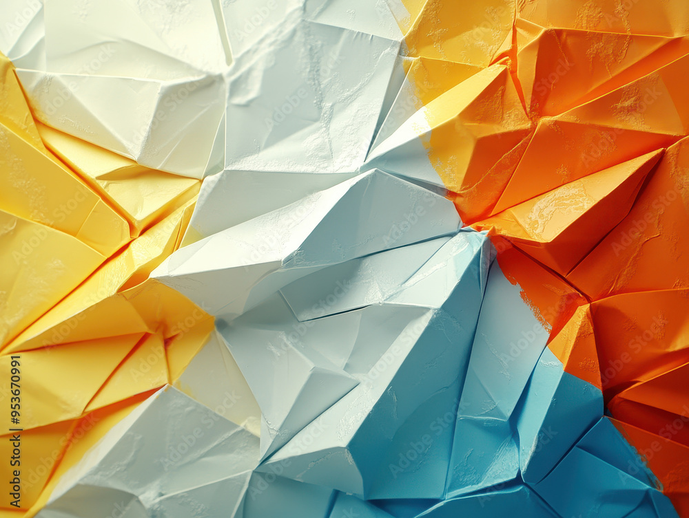 A colourful abstract design featuring vibrant blue, white and orange paper-like folds, creating a dynamic and visually striking texture. A colourful abstract design featuring vibrant blue, white and orange paper-like folds, creating a dynamic and visually striking texture.