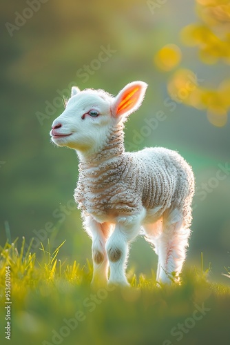 A cute, fluffy lamb stands in a field of green grass with a blurry background of sunlight and leaves.