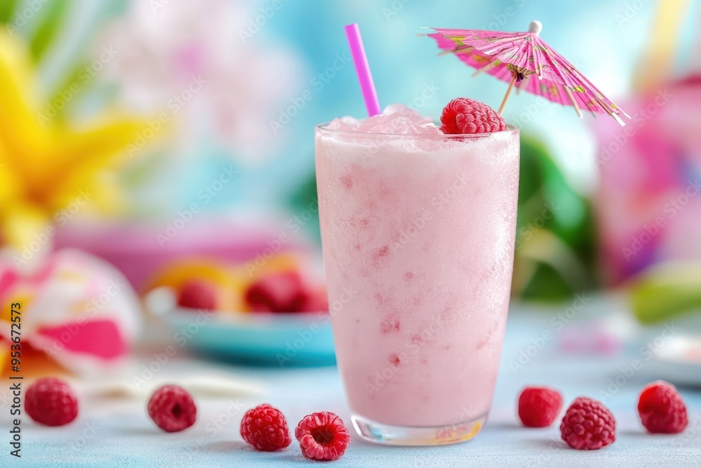 A refreshing pink drink with raspberries and a decorative umbrella, perfect for summer enjoyment. A refreshing pink drink with raspberries and a decorative umbrella, perfect for summer enjoyment.
