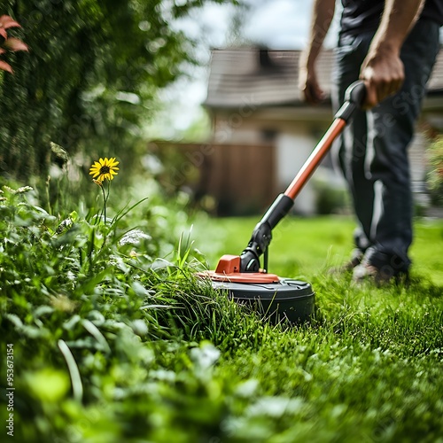 A man uses a weed wacker to trim the edges of his lawn. photo