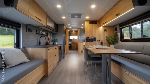 Interior of a modern motorhome featuring a kitchen, dining table, and lounge area with wooden finishes and large windows