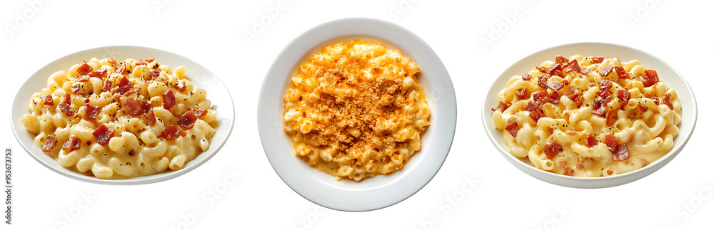 Macaroni and cheese with toppings on the three plates isolated on white or transparent background Macaroni and cheese with toppings on the three plates isolated on white or transparent background