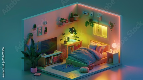 Wallpaper Mural tiny cute isometric (room), in a cutaway box, soft smooth lighting, soft colors, 100mm lens, 3d blender render, unreal engine, reaslistic lighting, multiple lighting source, lumien render, artstation, Torontodigital.ca