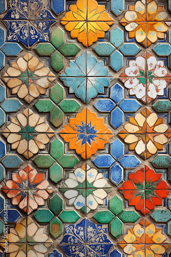 Brightly colored tiles with traditional patterns. Arranged neatly on the wall, each tile is painted with a unique design. photo