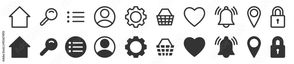 Vector icons set featuring essential UI elements like home, search, settings, profile, heart, and more. Ideal for web and app design. Vector icons set featuring essential UI elements like home, search, settings, profile, heart, and more. Ideal for web and app design.