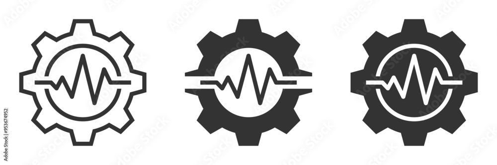 Vector icons of gears with heartbeat lines in outline and filled styles. Ideal for technology, health, engineering, and mechanics themes. Vector icons of gears with heartbeat lines in outline and filled styles. Ideal for technology, health, engineering, and mechanics themes.