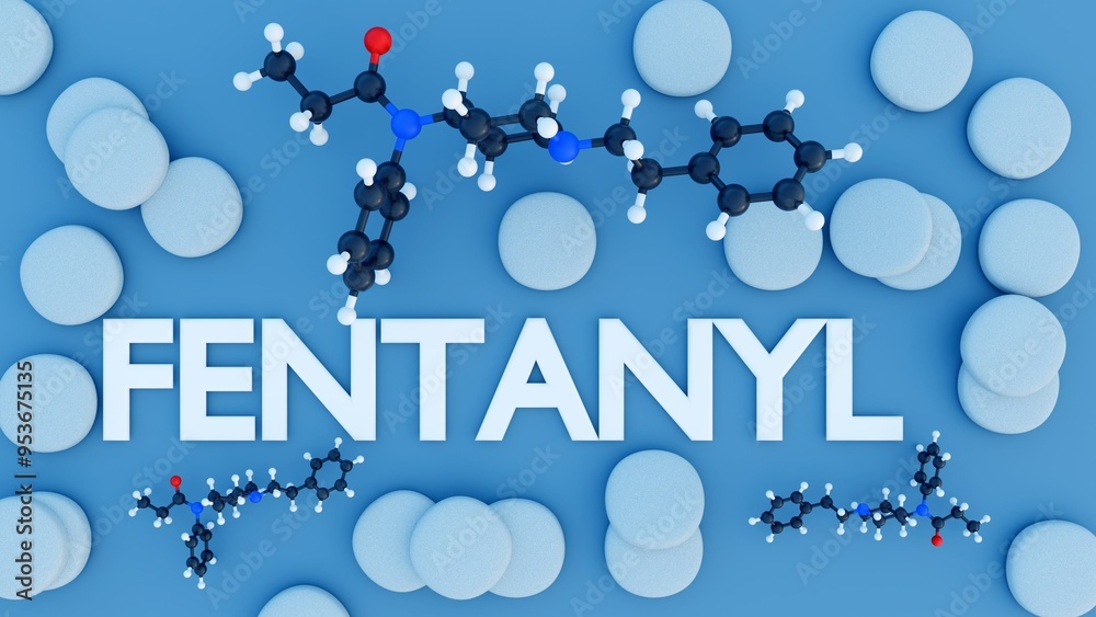 3d rendering of the word 'FENTANYL' and its underlying chemical structure, with scattered drugs and paraphernalia in the background, highlighting the impact of opioid addiction.