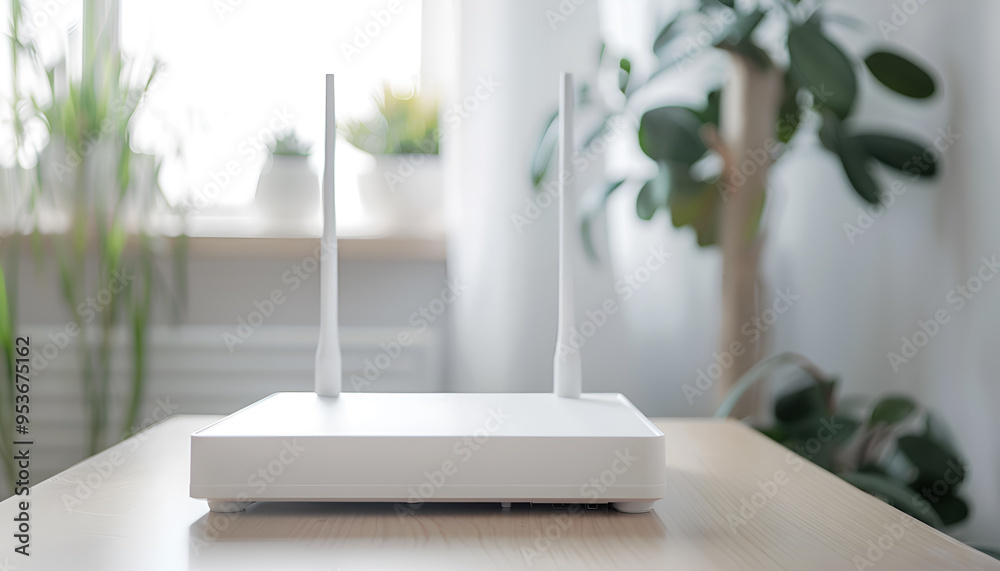 Fototapeta premium New white Wi-Fi router on wooden table indoors