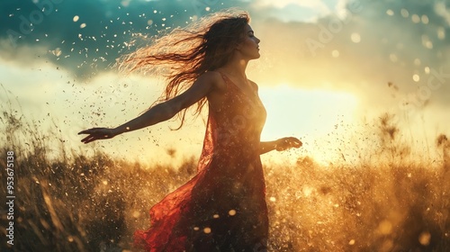 A woman in a red dress standing in a field of tall grass.