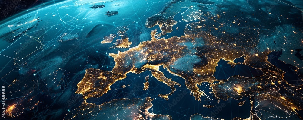 Satellite communication links illuminating Europe portrayed in a high-energy Satellite communication links illuminating Europe portrayed in a high-energy
