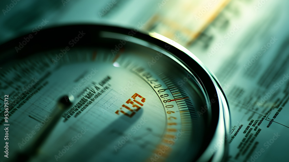 Close-up of analog inflation gauge needle pointing to high rate, surrounded by economic charts and graphs, symbolizing critical financial analysis and economic monitoring Close-up of analog inflation gauge needle pointing to high rate, surrounded by economic charts and graphs, symbolizing critical financial analysis and economic monitoring