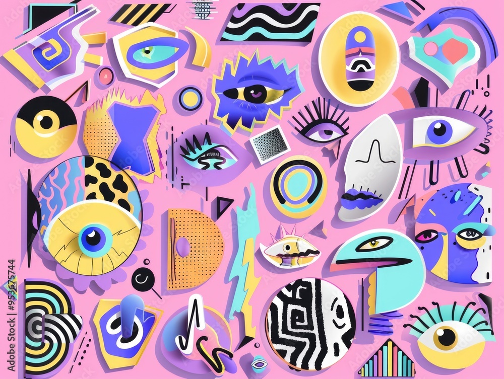 Collection of funky geometric eyes and faces against neon backdrop on a pink background. Collection of funky geometric eyes and faces against neon backdrop on a pink background.