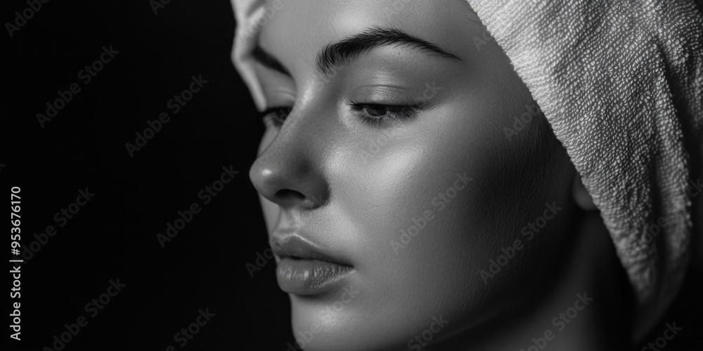A striking black and white portrait of a woman with her eyes closed, featuring soft, gentle makeup and a delicate towel wrapped around her head. A striking black and white portrait of a woman with her eyes closed, featuring soft, gentle makeup and a delicate towel wrapped around her head.