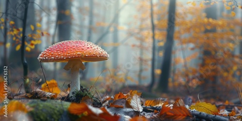 Fall mushroom among leaves with misty atmosphere.