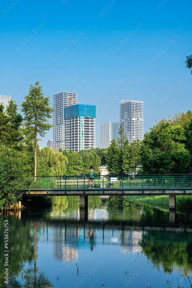 Tranquil Park View with Modern City Skyline Reflected in Water Tranquil Park View with Modern City Skyline Reflected in Water
