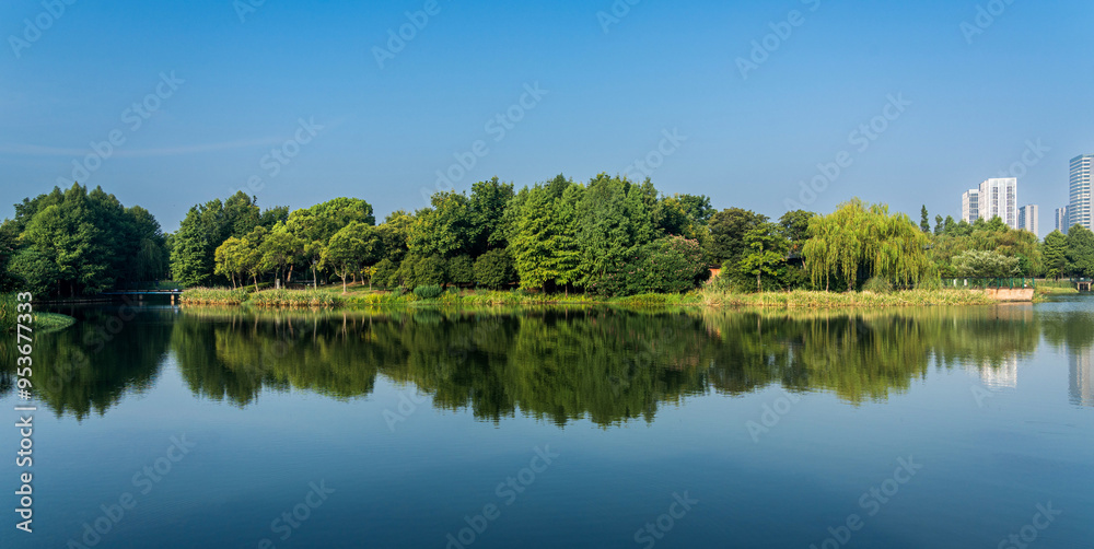 Fototapeta premium Tranquil Lakeside Reflection with Lush Greenery and Urban Backdrop