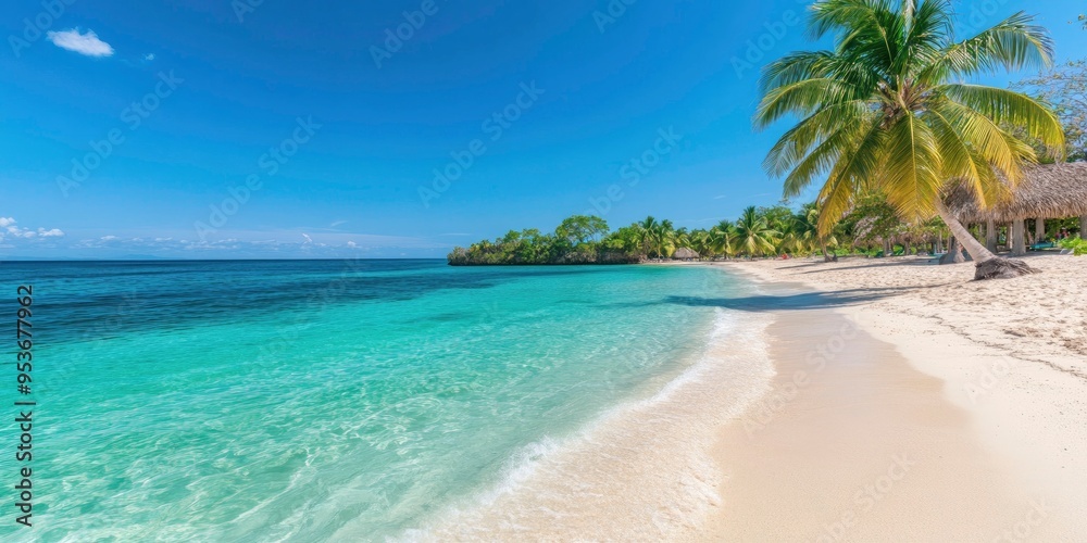Island has a lovely beach with palm trees and a blue water. Island has a lovely beach with palm trees and a blue water.