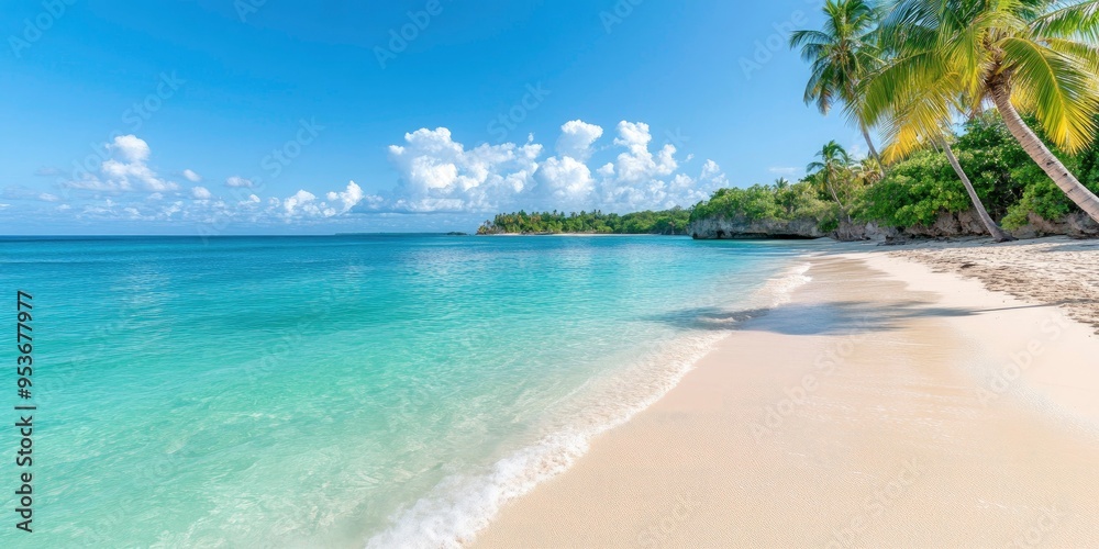 Fototapeta premium On an exotic island, there is a beautiful beach with coconut palm trees and a blue water.