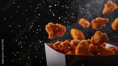 Fried food soaring through the air, creating a delightful popcorn effect. A tempting snack in mid-flight.