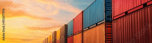 Colorful shipping containers lined up against a beautiful sunset, capturing the essence of trade and global commerce.