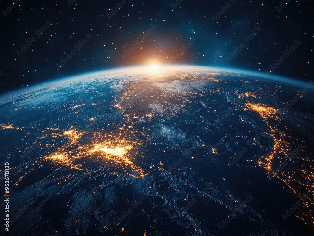 Fototapeta premium A digital composite of the night sky with visible stars and the Earth with city lights from space, illustrating urbanization on a global scale.