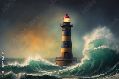 Architecture lighthouse building painting, stormy sea with big waves, nature weather theme concept texture design illustration. 