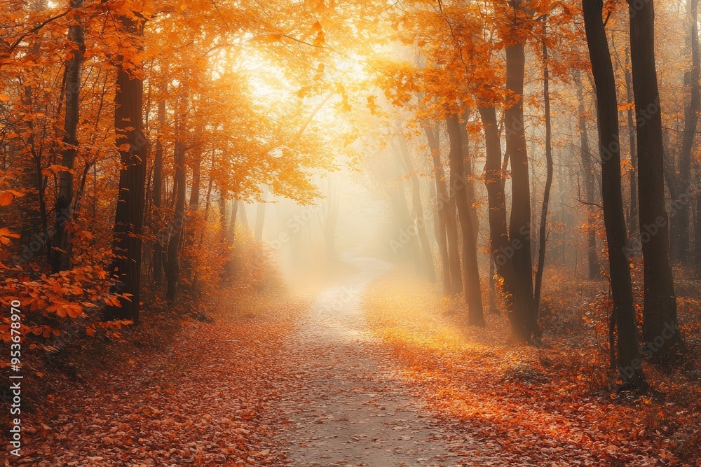 Fototapeta premium Autumn forest path. Orange color tree, red brown maple leaves in fall city park. Nature scene in sunset fog Wood in scenic scenery Bright light sun Sunrise of a sunny day, with generative ai