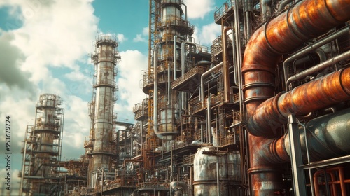 Rusty Industrial Complex with Pipes and Towers Against Cloudy Sky