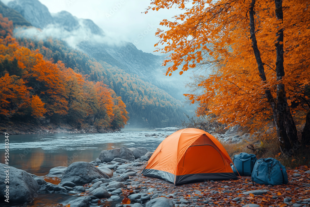 Beautiful autumn nature landscape, camping tent near a stream in the forest. Beautiful autumn nature landscape, camping tent near a stream in the forest.