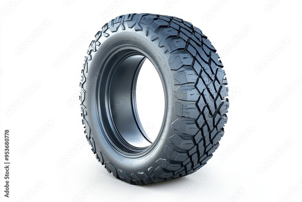 A rugged tire designed for off-road vehicles, showcasing deep treads for traction. A rugged tire designed for off-road vehicles, showcasing deep treads for traction.