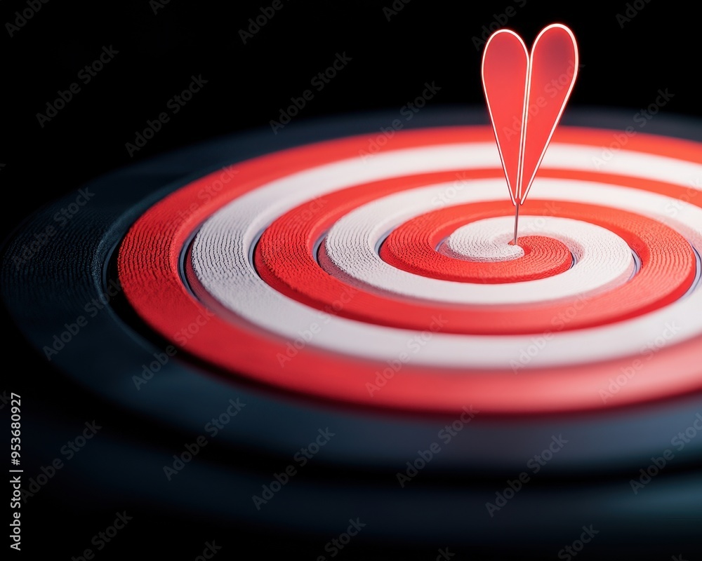 A vibrant target with a heart-shaped arrow symbolizing love, passion, and precision in a captivating dark background. A vibrant target with a heart-shaped arrow symbolizing love, passion, and precision in a captivating dark background.