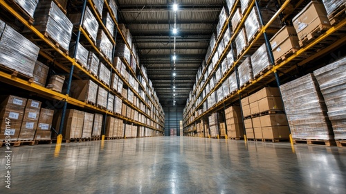 Warehouse interior with stored inventory arranged on pallets and shelves. Great for showcasing effective storage solutions and stock management practices.