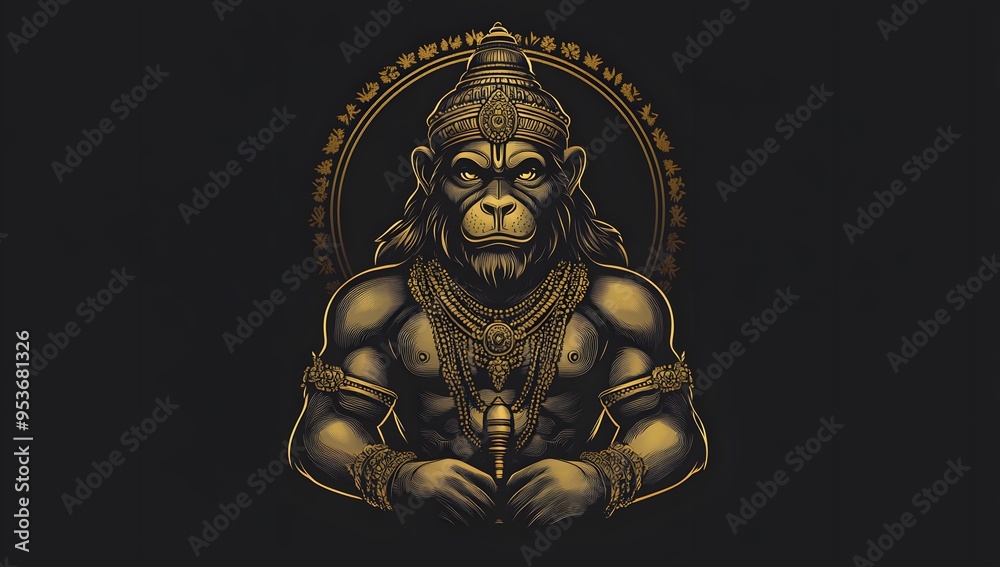 Fototapeta premium A golden illustration of Hanuman, the Hindu god of strength and devotion, against a black background.