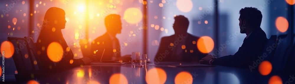 Fototapeta premium Silhouettes of business people in a meeting, illuminated by soft lights. Ideal for corporate, teamwork, and leadership themes.