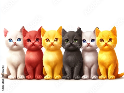 A colorful collection of adorable kittens sitting in a row, showcasing their playful personalities and charming expressions. photo