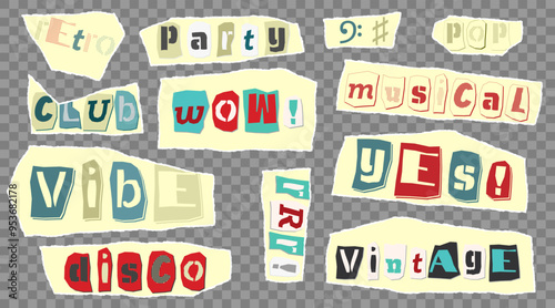 Quadro su tela Set of cut newspapers magazines and paper vintage colorful words