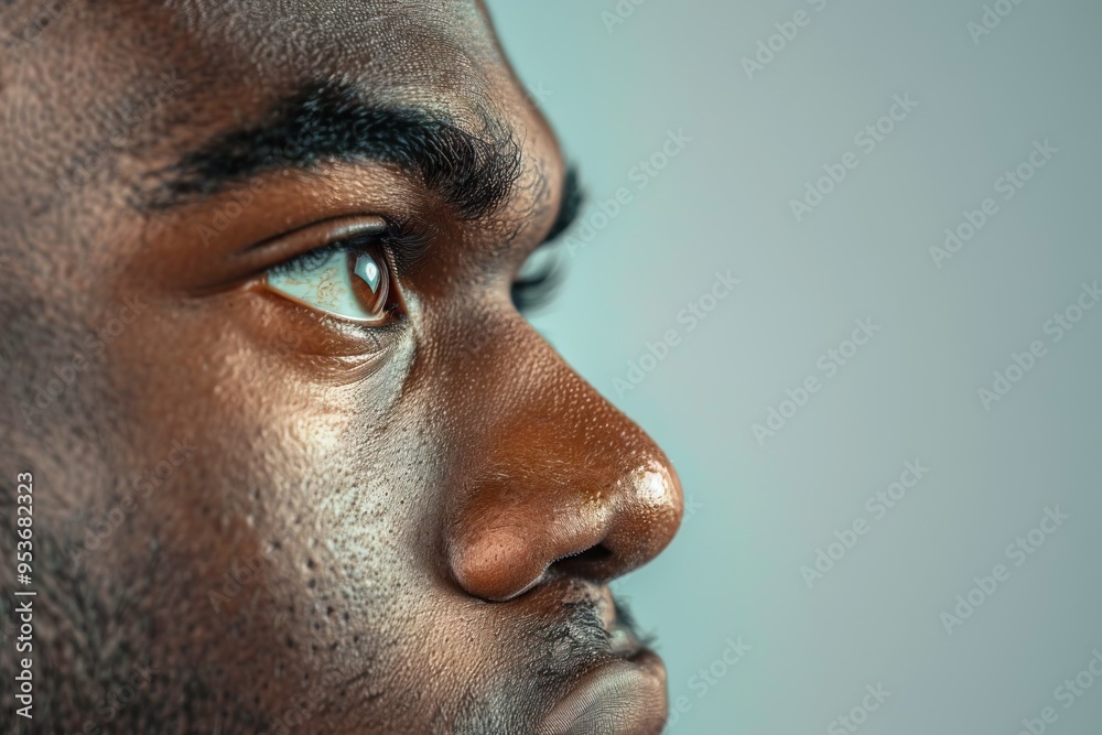 Close up side portrait of african american man staring Close up side portrait of african american man staring