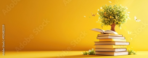 An imaginative scene, featuring a tree growing from a stack of books against a vibrant yellow background, symbolizing knowledge and growth.