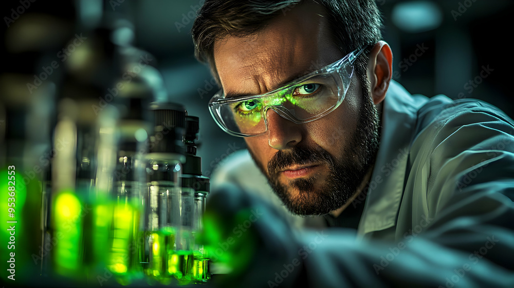 A scientist in a lab coat and safety glasses looks intently at a beaker filled with a glowing green liquid. A scientist in a lab coat and safety glasses looks intently at a beaker filled with a glowing green liquid.