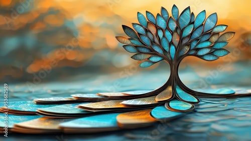 A beautiful artistic representation of a tree, featuring vibrant blue leaves on a tranquil water surface, perfect for nature themes.