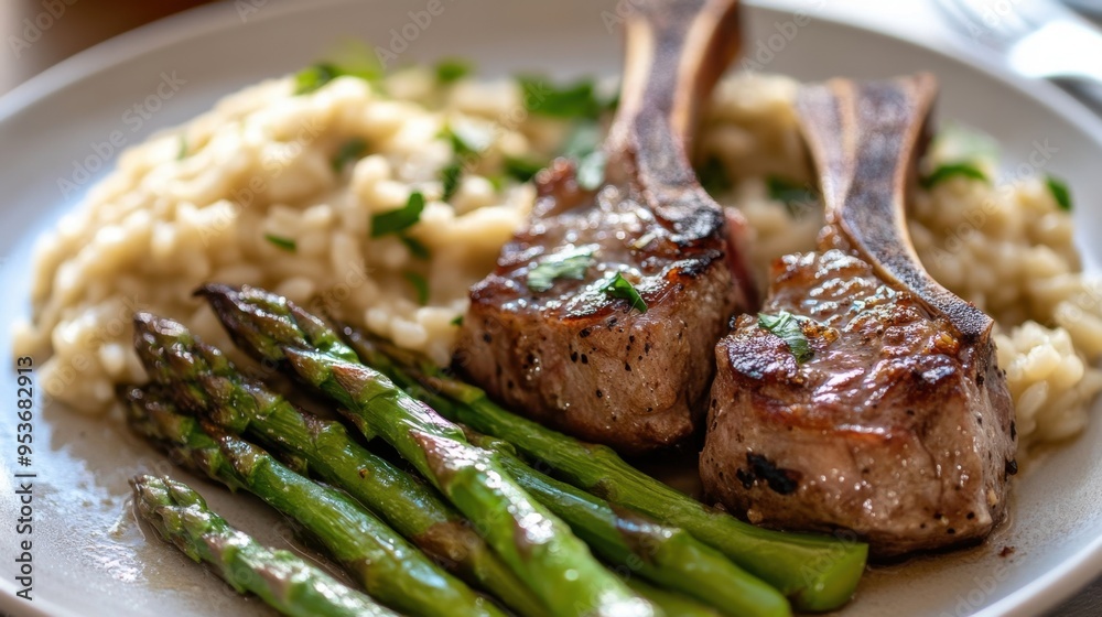 A plate of food with meat and asparagus on it A plate of food with meat and asparagus on it