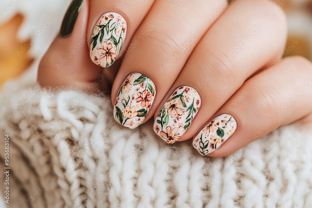intricate autumn themed nails with delicate floral and botanical patterns on a matte finish intricate autumn themed nails with delicate floral and botanical patterns on a matte finish